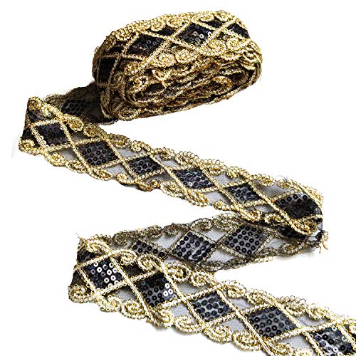 Qililandiy 10 Yards Spitze Borten mit Pailletten Einfassborte Borte Band Applikation 9m x 5cm für Kleidung Gardine Vorhang Tischläufer DIY Deko Schwarz-Gold von Qililandiy