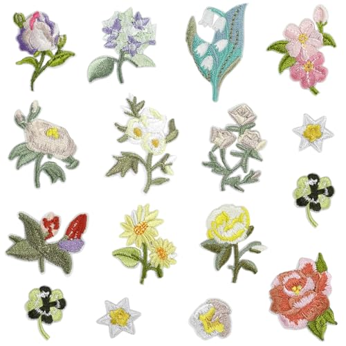 Qililandiy 16 Stück Blumen Kleidung Patches Set Schmetterling Aufnäher Kleidung Flicken Stylische Applikation Aufbügler Aufkleber für Jeans T-Shirt Tasche Deko von Qililandiy