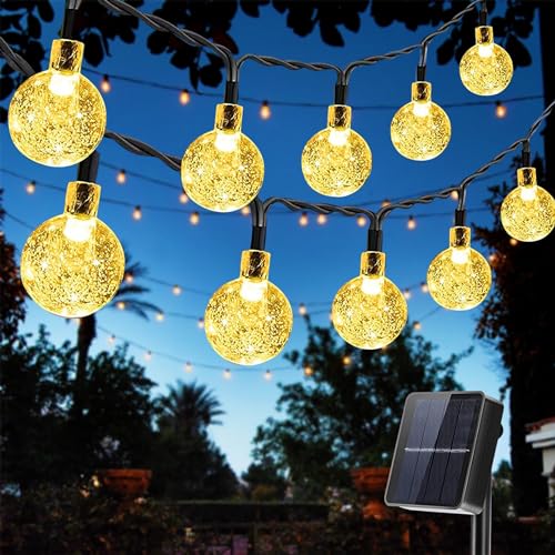50 LED Lichterkette außen solar, 8 Modi IP65 Wasserdicht Kristallkugeln Lichterkette für Außen/Innen, Dekoration für Garten, Party, Baum, Hochzeit (Warmweiß) von Qillnyy