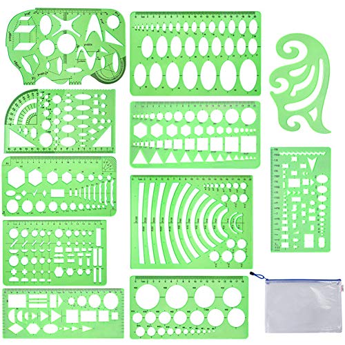 11 Pieces Geometric Drawings Templates Stencils Plastic Measuring Template Rulers Clear Green Shape Template For Drawing Engineering Drafting Building School Office Supplies von QincLing