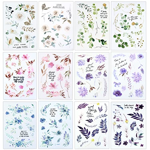 12 Blätter Sticker Transferaufkleber Sammelalbum Aufkleber Pflanzen Blumen Grün Blatt sticker Fotoalbum Stickerbögen für Scrapbooking Tagebuch Bullet Journals DIY Arts Crafts ästhetische Dekoration von QincLing