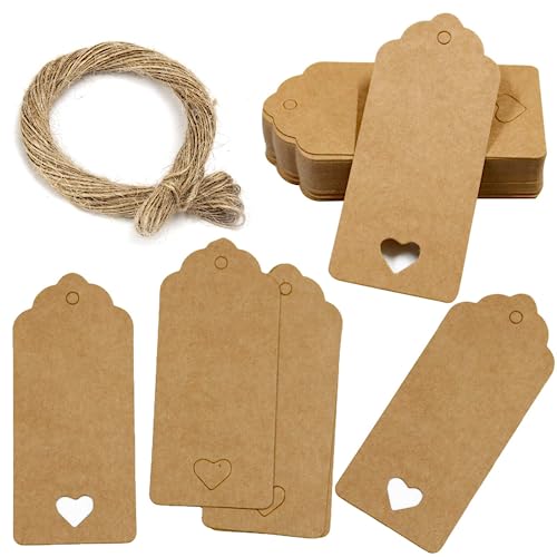 150 Stk. Kraftpapier Anhänger, Etiketten Tags Geschenk Anhänger Namensschilder Hochzeit Geschenkanhänger Groß 4 X 9cm mit Herz und Jute Schnur 30 Meter zum Basteln als Preis-Etiketten von QincLing