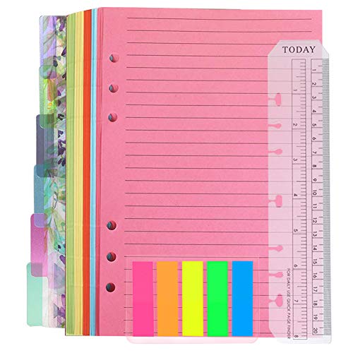 A5 Nachfüllbare Notizpapier Set, 1 Packung 50 Blatt 6 Löcher A5 Nachfüllpapier Liniert, 6 Farbige Pvc Binderteiler Trennblätter, 125 Stück Index Tabs mit Lineal für Journal Notebook von QincLing