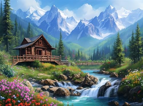 5D Diamond Painting Berg Diamant Painting Bilder Fluss DIY Eckige Full Drill Diamant Stickerei Malerei Kits, Mosaikherstellung Basteln Mädchen Geschenk Set für Kinder Haus Wanddeko 50x70 cm Q4-1112 von Qinqhuag
