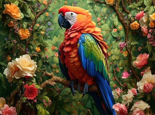 5D Diamond Painting Papagei Diamant Painting Bilder Blume DIY Runden Full Drill Diamant Stickerei Malerei Kits, Mosaikherstellung Basteln Mädchen Geschenk Set für Kinder Haus Wanddeko 50x70 cm Q4-1010 von Qinqhuag