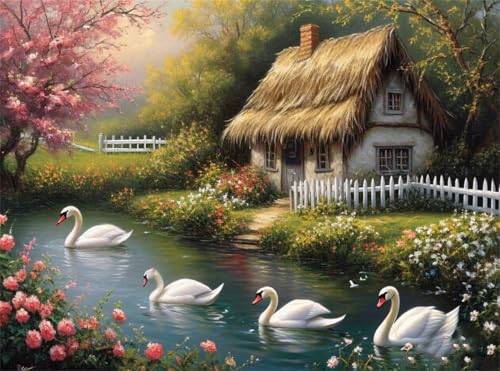 5D Diamond Painting Schwan Diamant Painting Bilder Landschaft DIY Runden Full Drill Diamant Stickerei Malerei Kits, Mosaik Basteln Mädchen Geschenk Set für Kinder Haus Wanddeko 50x70 cm Q4-1054 von Qinqhuag