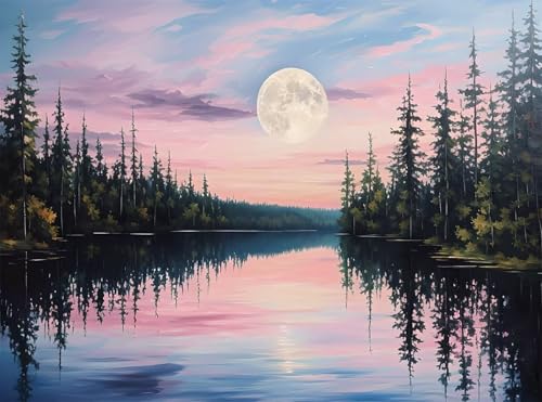 Diamond Painting Erwachsene, Diamant Painting Bilder See 5D Diamond-Painting Mond DlY Vollbohrer Diamant Kunst Malerei Stickerei Bastelset Erwachsene, für Wohnzimmer Home Wanddeko 80x100 cm Q4-1025 von Qinqhuag
