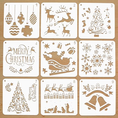 9Stk Schablonen Weihnachten für Kinder Basteln/Fenster Schneespray/Herstellung von Karten/Zeichnen/Malen Holz Möbelwänden/Tagebuch DIY & Deko, Wiederverwendbar, 15 x 15 cm 9Stk Schablonen Weihnachten für Kinder Basteln/Fenster Schneespray/Herstellung von Karten/Zeichnen/Malen Holz Möbelwänden/Tagebuch DIY & Deko, Wiederverwendbar, 15 x 15 cm von Qipiray