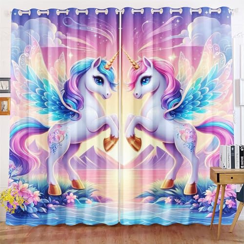 Qiqumax Einhorn Vorhänge Regenbogen-Einhorn Schlafzimmer Einhorn Vorhang Cartoon Einhorn Verdunkelungsvorhang Pferd Kinder Blickdichte Vorhänge (1,150x166cm(BxH)/ 75x166cmx2) von Qiqumax