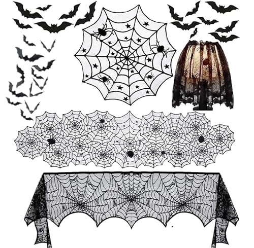 5-teiliges Halloween Tischdecken- und Dekoset – Spitzentischdecke rechteckig & rund, Kaminschal, Spinnennetz-Lampenschirm & 32 3D-Fledermaus Wandaufkleber – für Party, Fenster, Tisch & Hausdeko von QiuQuecot