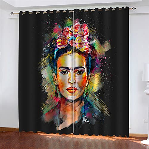 Qiuka Kunst Deko Vorhange Dunkel mit Motiv für Weihnachten,Weihnachts Vorhang2er Set 3D Ösenvorhang Frida Kahlo Ölgemälde Muster Kind Gardine für Wohnkultur280x250cm BxH von Qiuka
