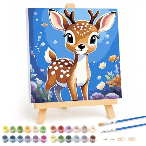 Qiukoo Malen Nach Zahlen Kinder mit Rahmen - Reh Malen Nach Zahlen Kinder ab 6 7 8 9 10 Jahre Mädchen und Junge, Tiere Paint by Numbers für Geschenke und Wand Dekoration 20x20cm Mit Staffelei von Qiukoo