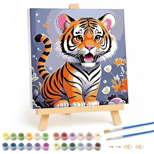 Qiukoo Malen Nach Zahlen Kinder mit Rahmen - Tiger Malen Nach Zahlen Kinder ab 6 7 8 9 10 Jahre Mädchen und Junge, Tiere Paint by Numbers für Geschenke und Wand Dekoration 20x20cm Mit Staffelei von Qiukoo