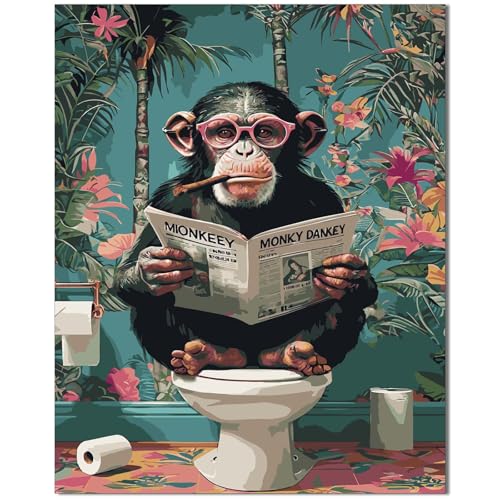 Qiukoo Malen nach Zahlen Erwachsene – Lustiges Affenmotiv auf Toilette, 40x50 cm Ohne Rahmen – DIY Malset für Erwachsene & Anfänger, Entspannendes Bastelset mit Zahlenfeld, Geschenk & Deko von Qiukoo
