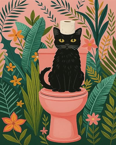 Qiukoo Malen nach Zahlen Erwachsene – Lustiges Katzenmotiv auf Toilette, 40x50 cm – Kreatives DIY Set für Erwachsene und Anfänger, Entspannendes Bastelset mit Zahlenfeld Ohne Rahmen von Qiukoo