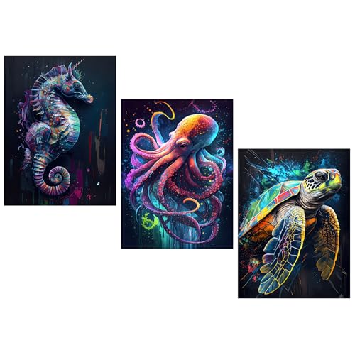 Qiukoo Malen nach Zahlen Erwachsene Meerestiere 3 Stück 40 x 50 cm faltenfreie Leinwand Malen nach Zahlen Set zum Malen Paint by Numbers Kreativ Set für Erwachsene ohne Rahmen von Qiukoo