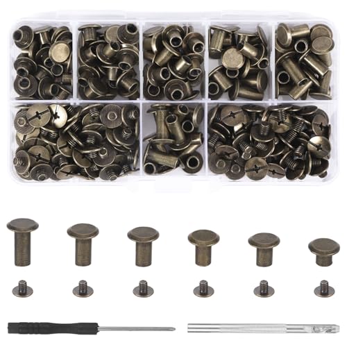 110 Satz Chicago Schrauben，Buchschrauben M5*4、5、6、8、10、12mm，6 Größen Schraube Nieten mit Sortiment Box für Leder Taschen Gürtel Rucksäcke Kleidung DIY Handmade Dekorationen（Bronze） von Qiuruoo