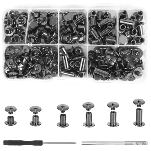 110 Satz Chicago Schrauben，Buchschrauben M5*4、5、6、8、10、12mm，6 Größen Schraube Nieten mit Sortiment Box für Leder Taschen Gürtel Rucksäcke Kleidung DIY Handmade Dekorationen（Schwarz） von Qiuruoo
