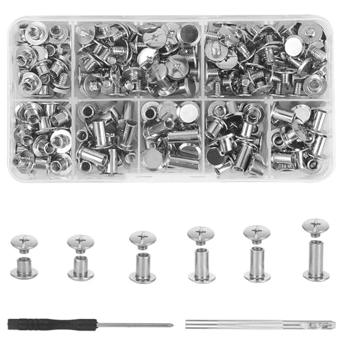 110 Satz Chicago Schrauben，Buchschrauben M5*4、5、6、8、10、12mm，6 Größen Schraube Nieten mit Sortiment Box für Leder Taschen Gürtel Rucksäcke Kleidung DIY Handmade Dekorationen（Silber） von Qiuruoo
