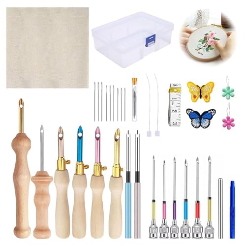 Qivine 35 Stück Punch Needle Set, Stickerei Punch Nadel Werkzeug Set mit Stanznadel Holzgriff, Sticknadeln und Stumpfe Nadel, Stickerei Starter Kit für Anfänger Erwachsene von Qivine
