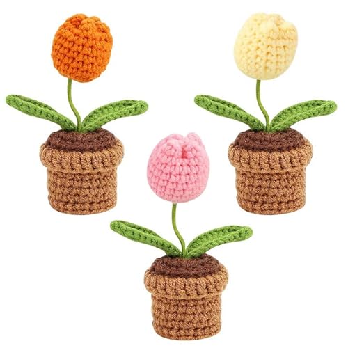 Qivine 3 Stück Gehäkelte Blumen, Künstliche Häkelblumen Gestrickte, Filzblumen Deko für Büro, Auto, Armaturenbrett von Qivine