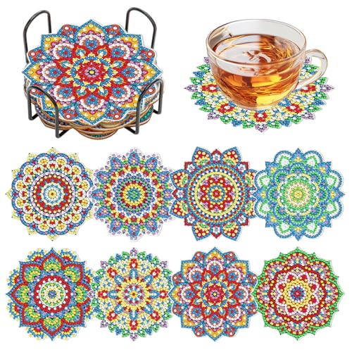 Qivine 5D Diamant Painting Glas Untersetzer, Diamond-Painting Mosaik Untersetzer Bastelset Erwachsene für Gläser, 8 Stück Mosaikherstellung Glasuntersetzer Tisch Untersetzer-Set für Weingläser Vasen von Qivine