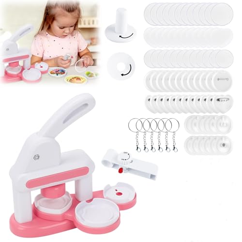 Qivine Buttonmaschine mit Buttonteile, Push-Pull DIY Button Maschine Set Knopfmachermaschine, Drücken sie Den Pin Maker Machine mit 24 Stück Knopfteilen, Kreisschneider, Schlüsselanhänger (Rosa) von Qivine