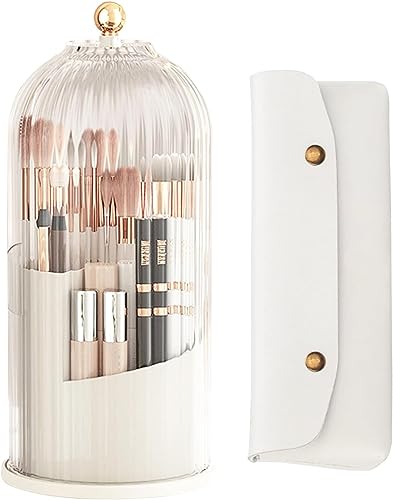 Qivine Makeup Pinsel Organizer, Transparent Kosmetik Organizer Drehbar mit Pinseltasche, Staubdicht Pinsel Aufbewahrung mit Deckel für Schminktisch, Badezimmer, Arbeitsplatte (Weiß) von Qivine