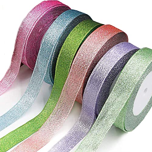 Qiwenr Geschenkband,Organza Bänder 6 Rollen Metallic Glitter Dekoband Satinband,22M Satinband Seidenband Seidenbänder,1CM Schleifenband Satin Stoff Band für Hochzeit,Weihnachten,Geschenk,Dekoration von Qiwenr