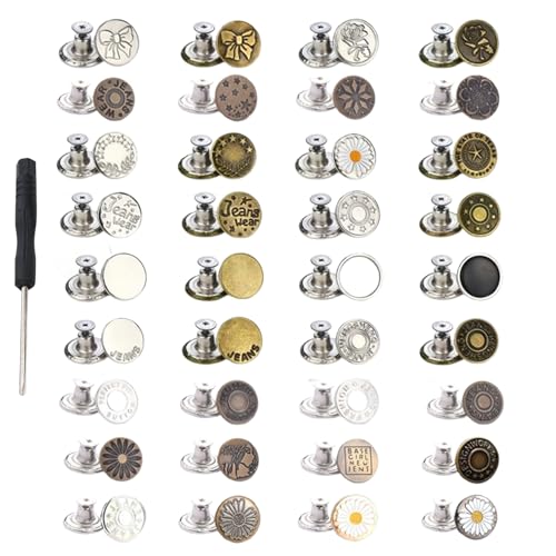 Qiwenr 36 Stück Jeans Knöpfe Ohne Nähen, 17mm Button Pins Jeans, Hosenknöpfe zum Stecken, Verstellbare Hosen Ersatz Knöpfe, Metall Hosenknopf, Ausgestattet mit Schraubendreher für Jeans, Röcke Qiwenr 36 Stück Jeans Knöpfe Ohne Nähen, 17mm Button Pins Jeans, Hosenknöpfe zum Stecken, Verstellbare Hosen Ersatz Knöpfe, Metall Hosenknopf, Ausgestattet mit Schraubendreher für Jeans, Röcke von Qiwenr