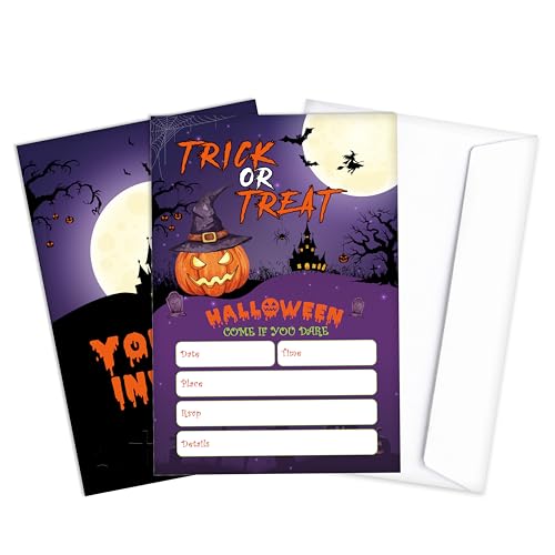 Qiwog Halloween-Partyeinladungen, 25 Süßes oder Saures Einladungskarten mit Umschlägen, Einladungskarten für Geburtstag, gruselige Kürbisse, Halloween-Partyzubehör, Dekoration, A08 von Qiwog
