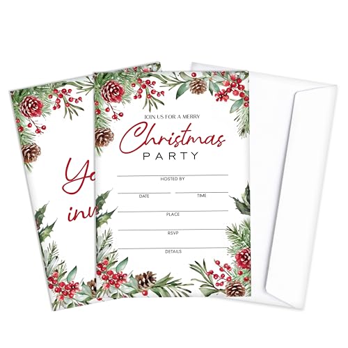 Qiwog Weihnachtsfeier Einladungen, 25 Xmas Einladungskarten mit Umschlägen, Einladungskarten für Weihnachten, Hochzeit, Geburtstag, Babyparty, Weihnachtsfeier Supplies Dekoration, A03 von Qiwog