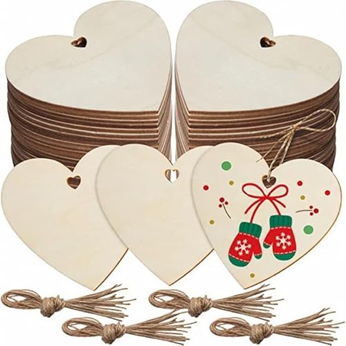 Qixuer 50 Stück Holzherzen 8cm mit Jute Schnur, Naturholz Holzherz Herzförmig Naturholzerzen zum Beschriften, Hochzeit-Deko, Malen & Basteln von Qixuer