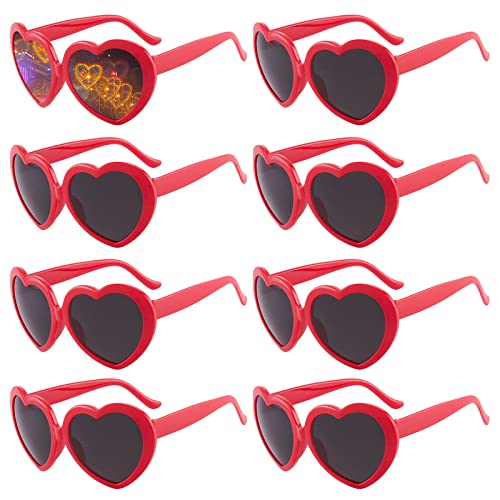 Qixuer Herz Brille Effekt, 8 Stück Rot Lustige Sonnenbrillen Set Heart Effect GlassesSpezialeffektbrillen Lustige Brillen für Fasching Musikfestivals Party Bar Feuerwerk für Männlich und Weiblich von Qixuer