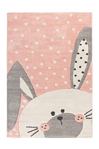 Qiyano Teppich für Kinderzimmer Spielmatte mit Tiermotiv Panda-Bär Bär Hase Pinguin Kinderteppich für Junge und Mädchen, Motiv: Hase, Farbe: Rosa, Größe: 120 x 170 cm von Qiyano