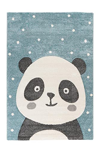 Qiyano Teppich für Kinderzimmer Spielmatte mit Tiermotiv Panda-Bär Bär Hase Pinguin Kinderteppich für Junge und Mädchen, Motiv: Panda, Farbe: Blau, Größe: 120 x 170 cm von Qiyano