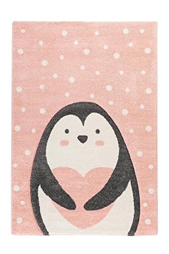 Qiyano Teppich für Kinderzimmer Spielmatte mit Tiermotiv Panda-Bär Bär Hase Pinguin Kinderteppich für Junge und Mädchen, Motiv: Pinguin, Farbe: Rosa, Größe: 120 x 170 cm von Qiyano