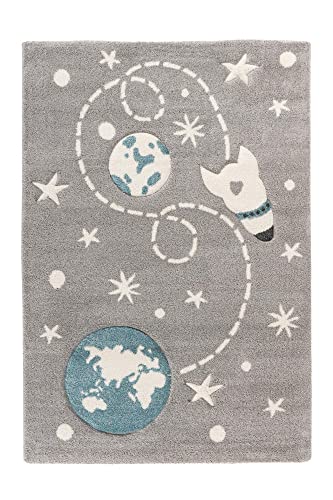 Qiyano Teppich für Kinderzimmer Spielteppich mit Weltall Rakete und Sternen Spielmatte Konturenschnitt 3-D Optik, Motiv: Rakete, Farbe: Grau, Größe: 80 x 150 cm von Qiyano