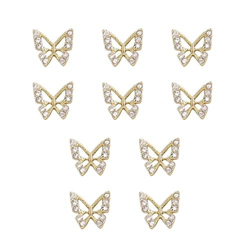 10 Schmetterlings-Nagelkunst-Schmuckstücke, Metall Anhänger, 3D-Nagelkunst-Zubehör, Glänzende Beliebte Modeaccessoires Für Frauen Und Mädchen (Gold) von Qizeroty