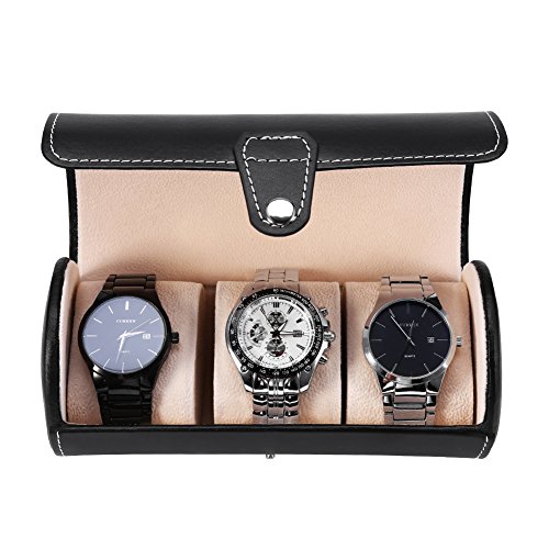 Qkiss Uhrenbox, Schmuckschatulle, zylindrischer 3-Gitter-Uhrenrollenhalter, Uhrenvitrine, Aufbewahrungsbox für Schmuckgeschenke(Schwarz) von Qkissi