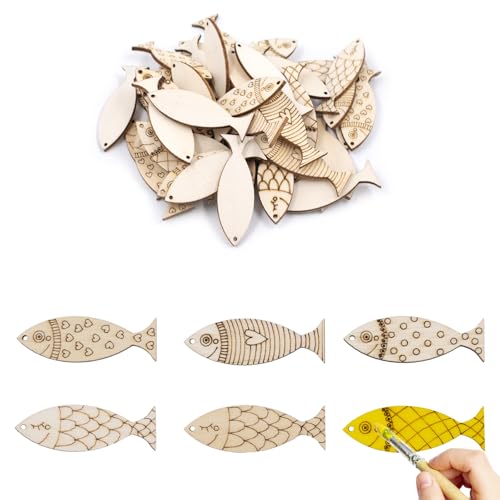 100 Stück Holzfische Deko,Fisch Holzspäne Holzausschnitte in Fischform zum Selbermachen Unlackierte Fisch Anhänger,für Kreative Projekte Katzenliebhaber Dekorationen Tier,5x1,5 cm von QoTang