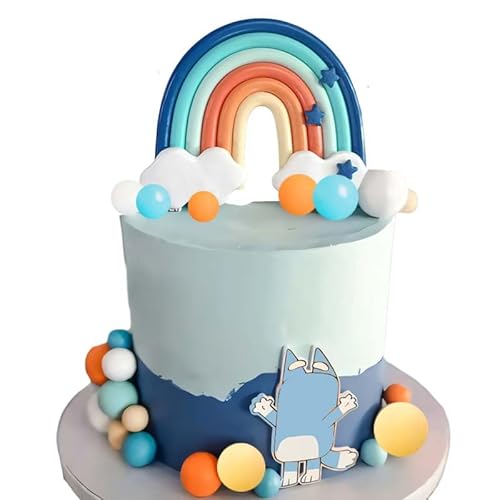 Qoadwem Tortenaufsätze in Blau, Regenbogenfarben, 15 Stück, mit blauen, orangefarbenen und weißen Kugeln für blaue Hunde, Geburtstagstortendekorationen, Babyparty, Partyzubehör von Qoadwem