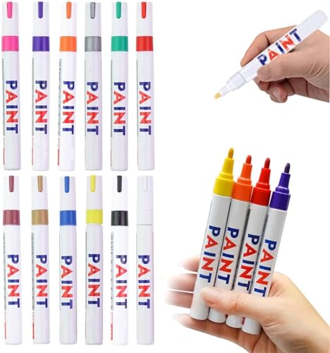 Qoobom Wasserdichter Reifenlackstift, 12 Farben, wasserfest, lichtecht, permanente Ölbasis, schnell trocknende Autoreifen-Marker für Metall, Stoff, Glas, DIY Handwerk (12 Stück) von Qoobom
