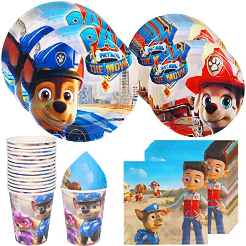 Paw Dog Patrol Geburtstag Deko, 64pcs Geburtstag Geschirr Set, Teller Becher Servietten Wimpel, für Party und Kindergeburtstag, Teiliges Party-Set für 16 Kinder Geburtstagsgeschenk,Party Deko(grau) von Qooloo