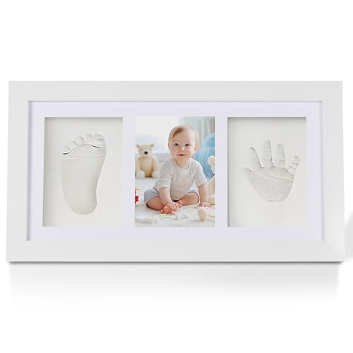 Qooloo Baby Handabdruck Fußabdruck Set Komplettset Premium - Gipsabdruck Kit mit Schöner Bilderrahmen, Alphabetplatte für DIY Baby Geschenk zur Geburt, Taufe, Babyzimmer Dekoration (13.3" x 7.3") von Qooloo