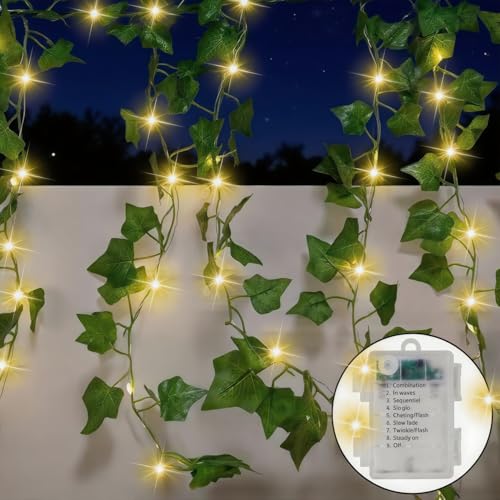 Qoosea Lichterkette Efeu Künstlich, 5m 50 LED Lichterketten Batteriebetrieben, Wasserdicht Efeu Lichterkette Innen, Fake Efeu Girlande Dekoration für Garten, Balkon, Hochzeit von Qoosea