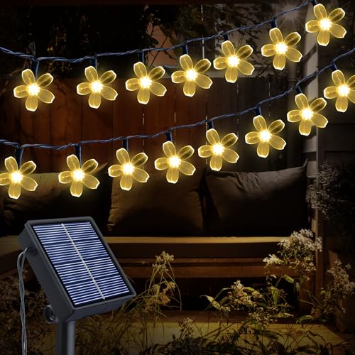 Qoosea Solar Lichterkette Aussen, 14m 120LEDs Kirschblüten Lichterketten Wasserdichte, 8 Modi Solarlichterkette Außen für Garten, Balkon Deko, Bäume, Terrasse, Weihnachten, Hochzeiten, Partys von Qoosea