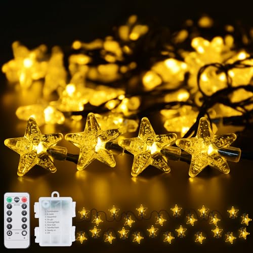 Qoosea Led Lichterketten Sterne Außen, 6M 40LED Warmweiß Weihnachten Sterne Batterie Lichterketten mit Timer, IP65 Wasserdicht 8 Modi Lichterketten für Zimmer Jar Garten Camping Innen Außen Party von Qoosea