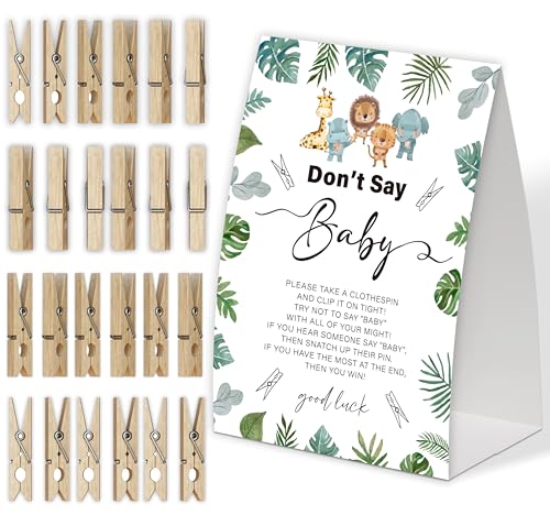 Jungle Animals Don't Say Baby Game for Baby Shower, Pack of One 5x7 Sign and 50 Mini Natural Clothespins, Baby Shower Decoration, Gender Neutral Party Supplies - SC03 von Qoqxjodd