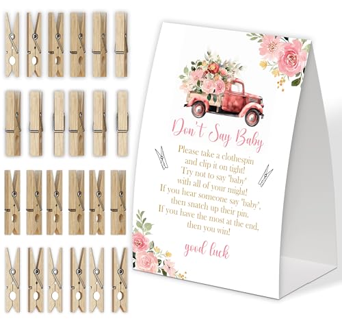 Pink Truck Don't Say Baby Game for Baby Shower, Pack of One 5x7 Sign and 50 Mini Natural Clothespins, Boho Baby Shower Decoration, Gender Neutral Party Supplies - SC35 von Qoqxjodd
